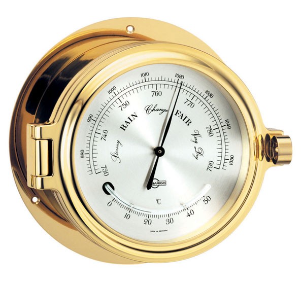 Barometer / Thermometer in einem massiven Bullaugengehäuse aus Messing