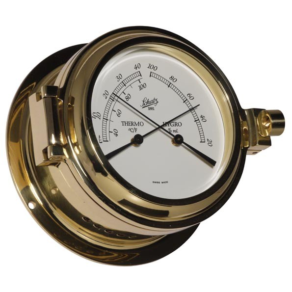 Thermometer und Hygrometer im polierten Messinggehäuse