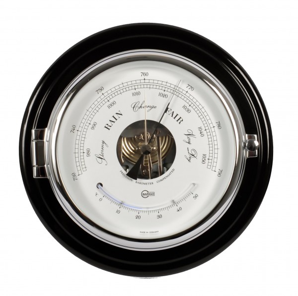 Barometer und Thermometer in einem schwarzen, glänzenden Mahagonikorpus